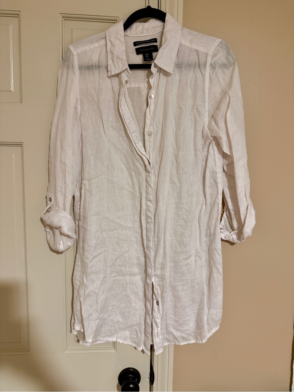 T Tahari White Linen Button-Down Shirt